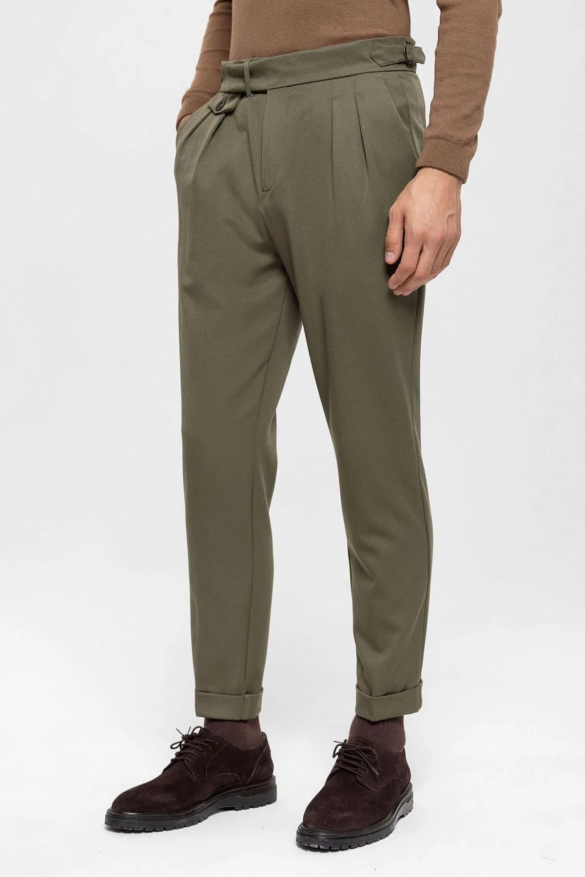 Men's Khaki High Waist Pleated  Trousers - Wessi sold by Wessi product image thumbnail 4