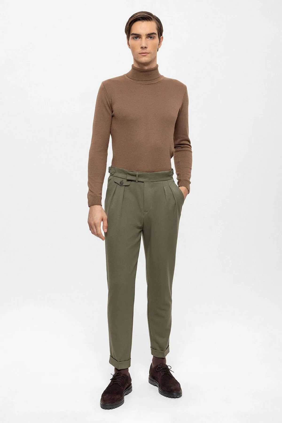 Men's Khaki High Waist Pleated  Trousers - Wessi sold by Wessi