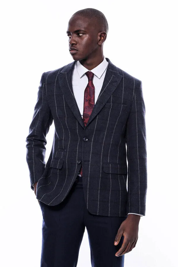 Checked Navy Blue Slim-Fit Blazer - Wessi sold by Wessi