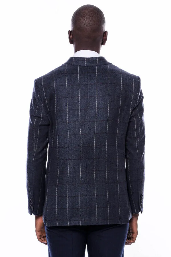 Checked Navy Blue Slim-Fit Blazer - Wessi sold by Wessi product image thumbnail 4
