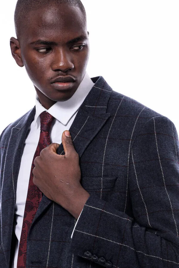 Checked Navy Blue Slim-Fit Blazer - Wessi sold by Wessi product image thumbnail 2