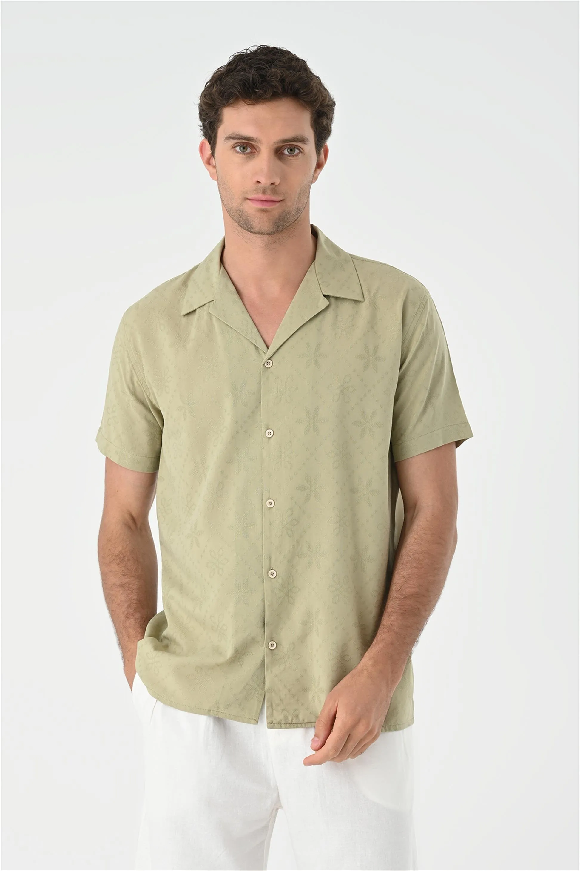 Light Khaki Knitted Patterned Men's Shirt with Camp Collar - Wessi sold by Wessi product image thumbnail 2