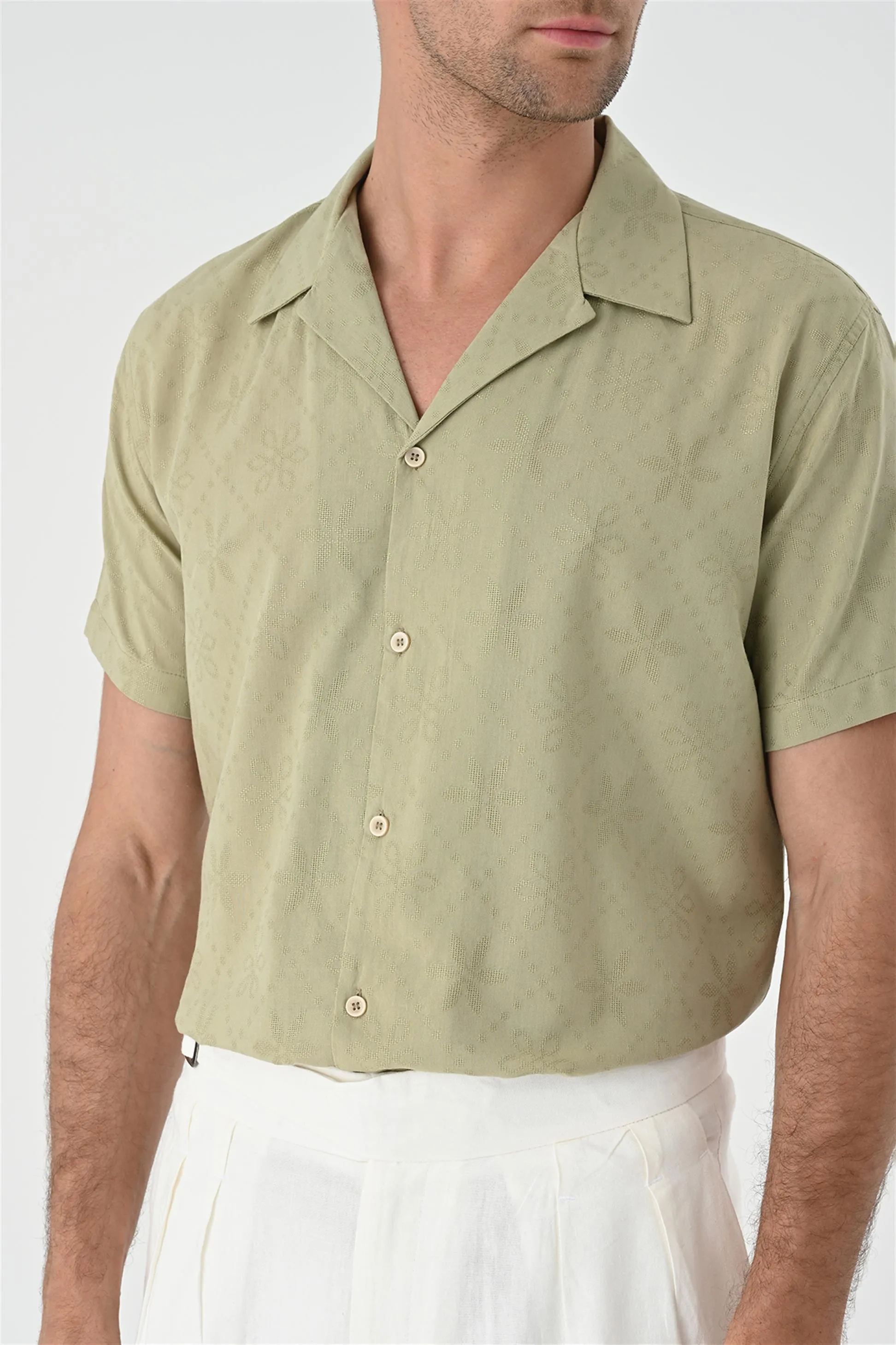 Light Khaki Knitted Patterned Men's Shirt with Camp Collar - Wessi sold by Wessi product image thumbnail 3