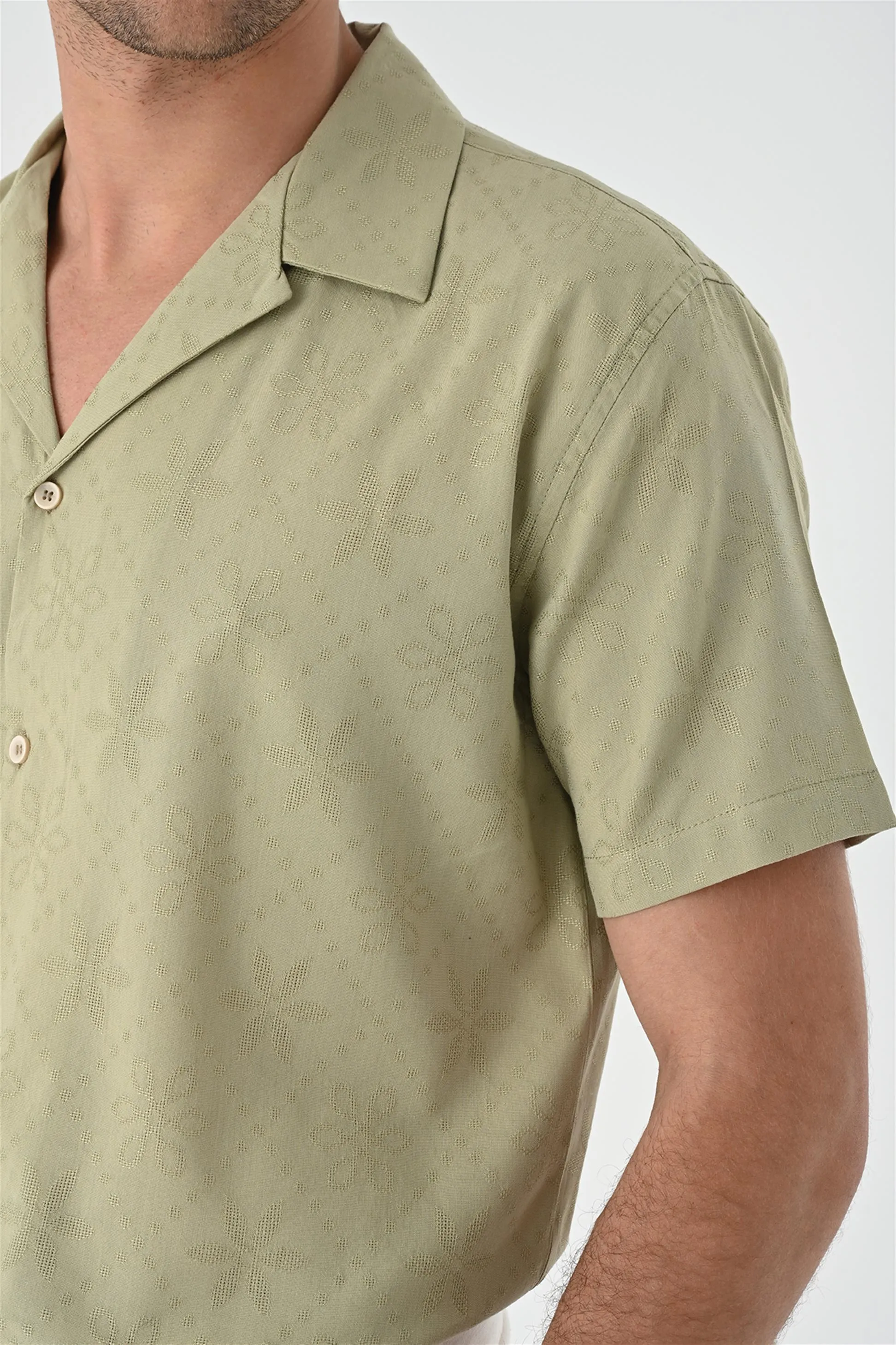 Light Khaki Knitted Patterned Men's Shirt with Camp Collar - Wessi sold by Wessi product image thumbnail 5