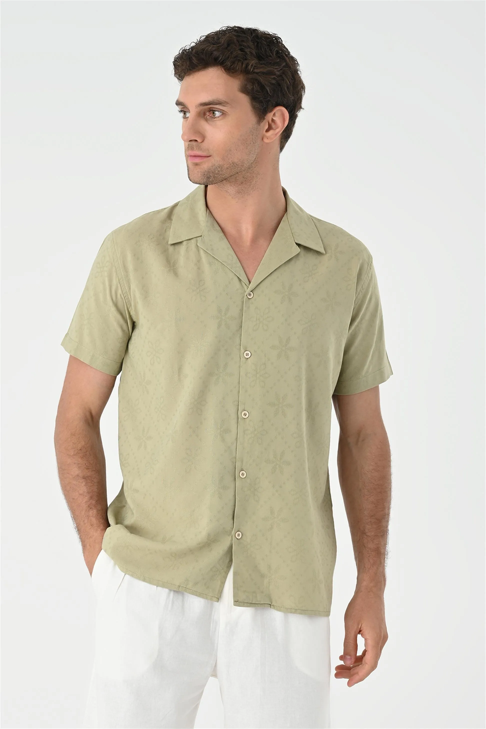 Light Khaki Knitted Patterned Men's Shirt with Camp Collar - Wessi sold by Wessi product image thumbnail 4