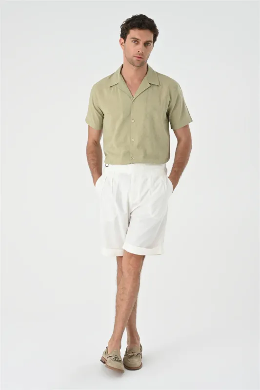 Light Khaki Knitted Patterned Men's Shirt with Camp Collar - Wessi sold by Wessi