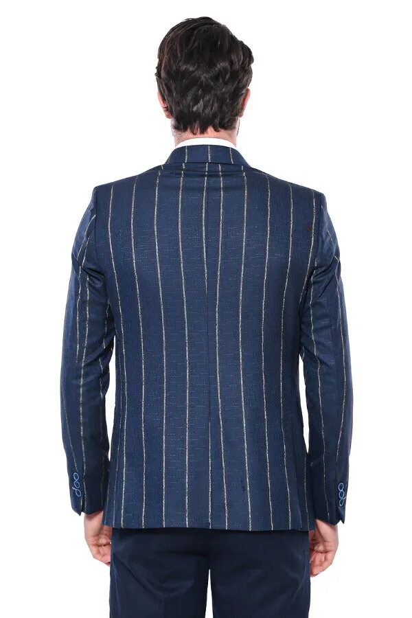 Striped Slim-Fit Navy Blue Men Blazer - Wessi sold by Wessi product image thumbnail 4