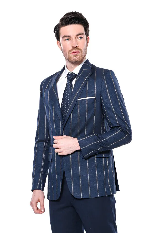 Striped Slim-Fit Navy Blue Men Blazer - Wessi sold by Wessi product image thumbnail 5