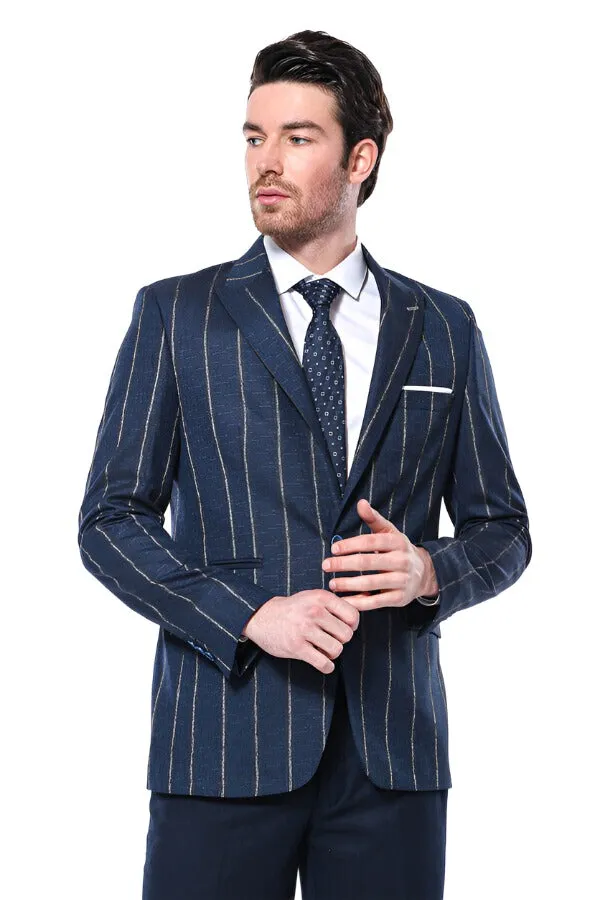 Striped Slim-Fit Navy Blue Men Blazer - Wessi sold by Wessi
