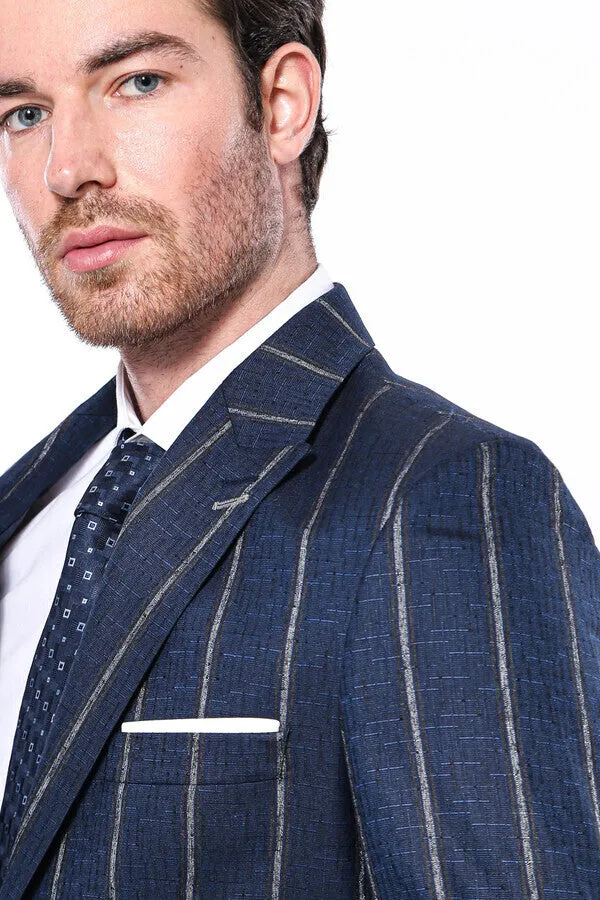Striped Slim-Fit Navy Blue Men Blazer - Wessi sold by Wessi product image thumbnail 2