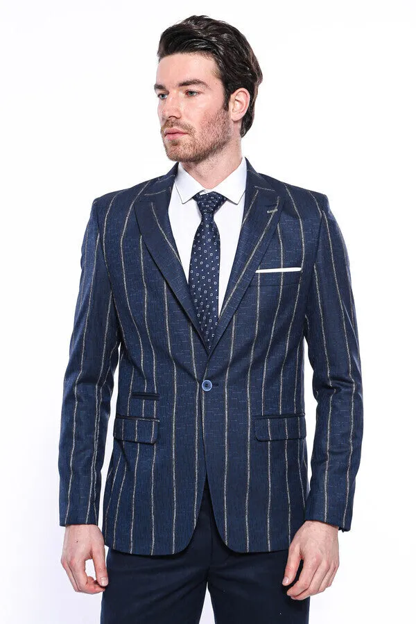 Striped Slim-Fit Navy Blue Men Blazer - Wessi sold by Wessi product image thumbnail 3