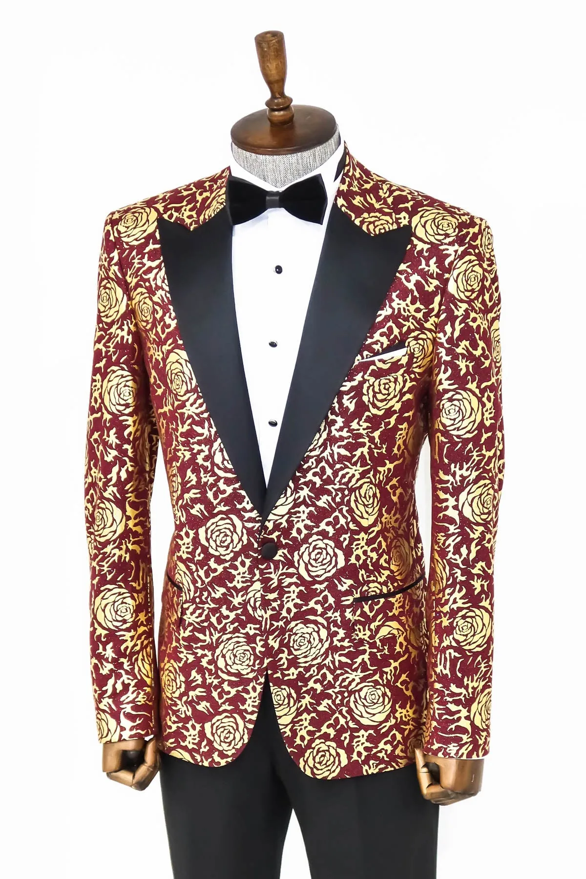 Gold Rose Patterned Slim Fit Burgundy Men Shinny Blazer - Wessi sold by Wessi product image thumbnail 4