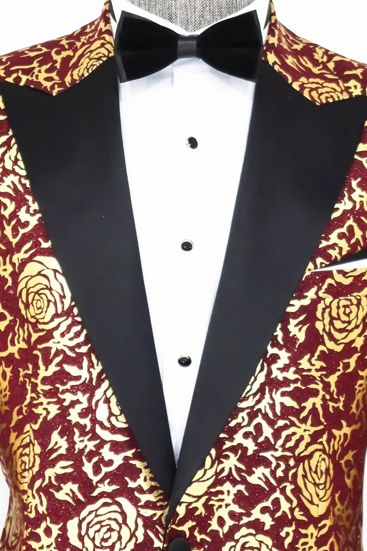 Gold Rose Patterned Slim Fit Burgundy Men Shinny Blazer - Wessi sold by Wessi product image thumbnail 2