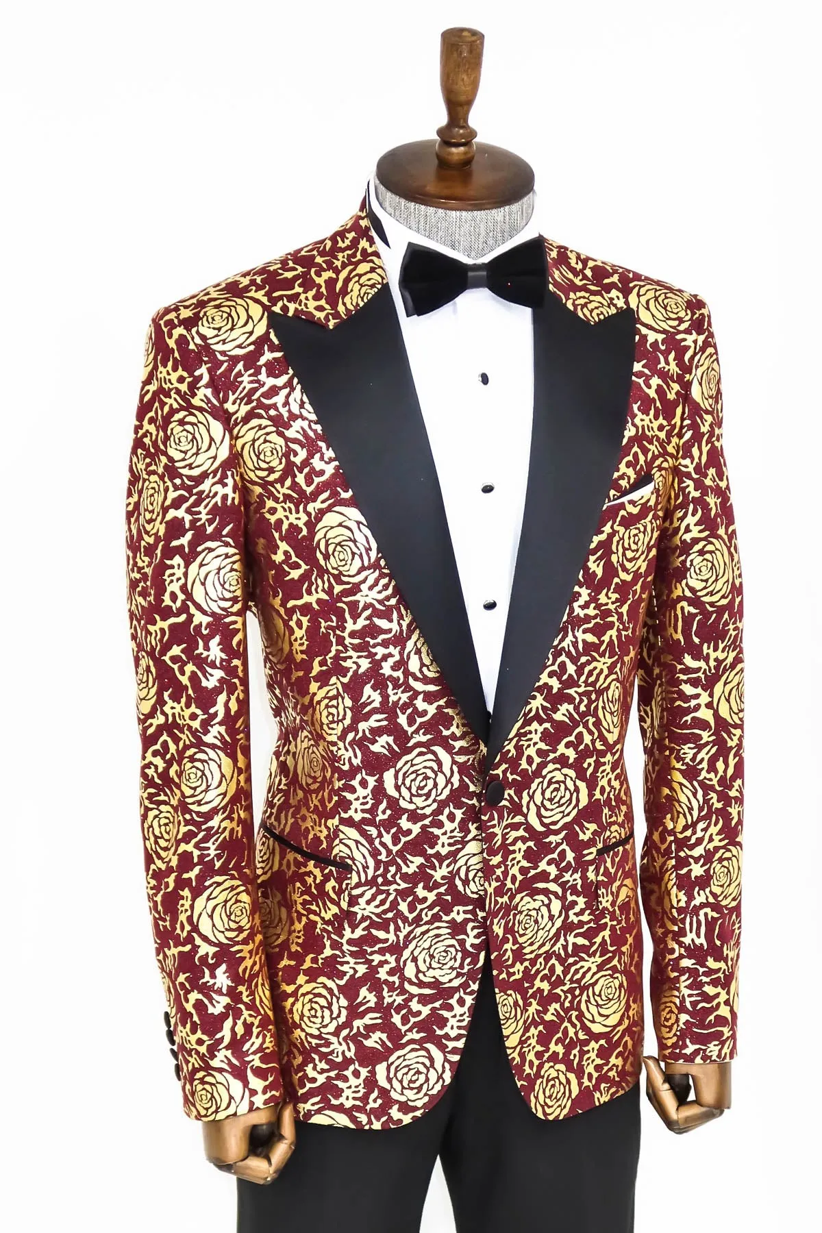 Gold Rose Patterned Slim Fit Burgundy Men Shinny Blazer - Wessi sold by Wessi product image thumbnail 5
