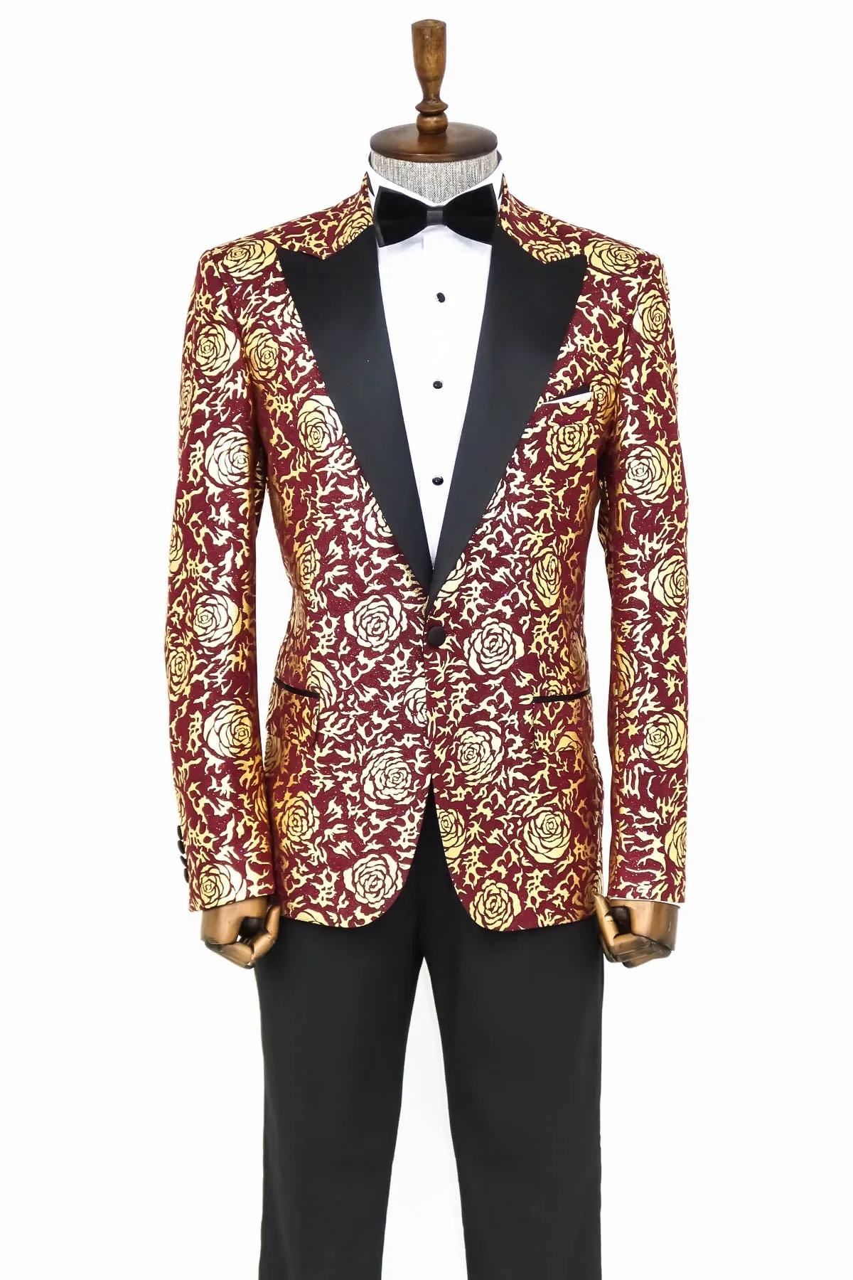 Gold Rose Patterned Slim Fit Burgundy Men Shinny Blazer - Wessi sold by Wessi product image thumbnail 3