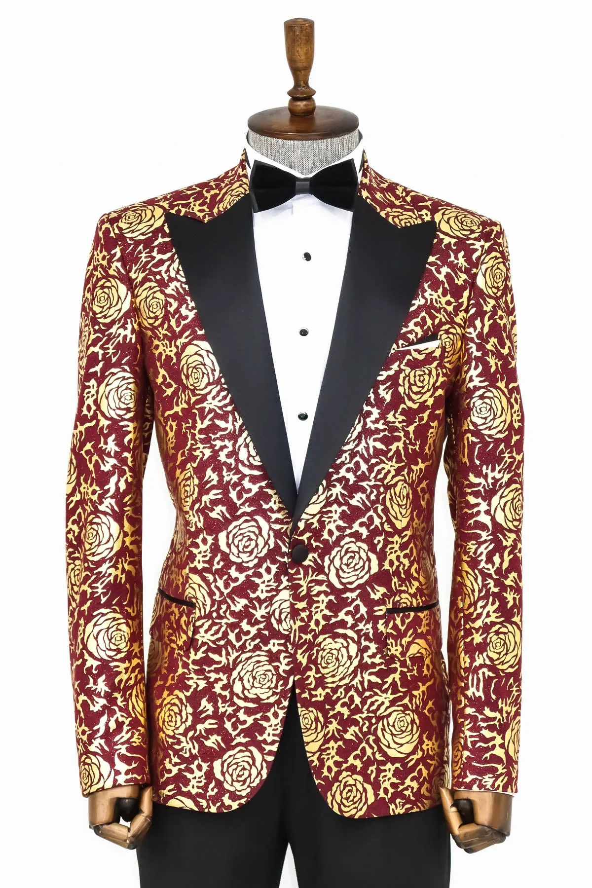 Gold Rose Patterned Slim Fit Burgundy Men Shinny Blazer - Wessi sold by Wessi