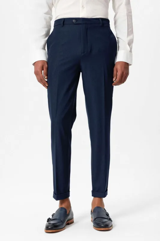 Men's Navy Blue Slim Fit Cuffed  Pants - Wessi sold by Wessi