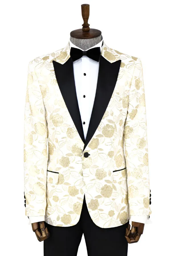 Floral Patterned White Men Tuxedo Blazer - Wessi sold by Wessi product image thumbnail 3
