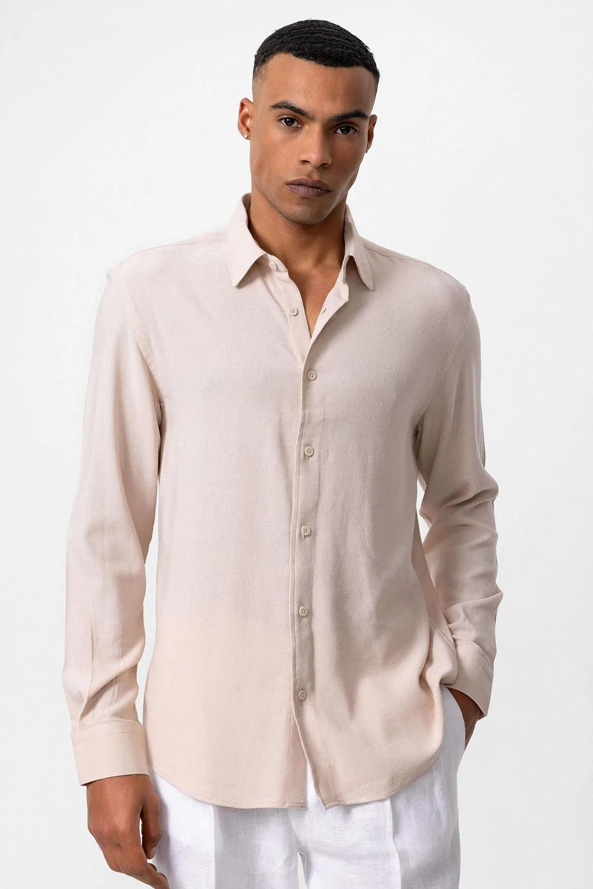 Beige Long Sleeve Linen Shirt - Wessi sold by Wessi product image thumbnail 4