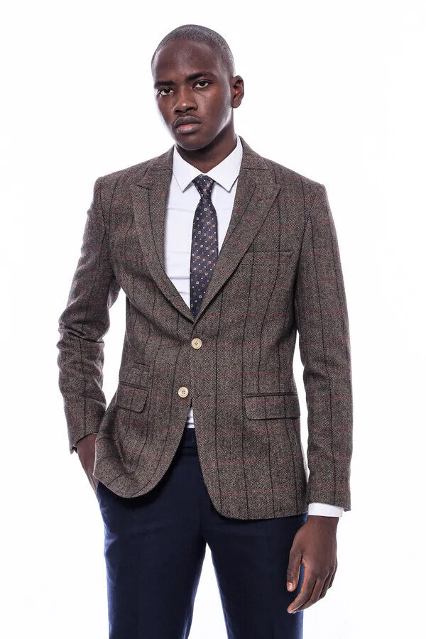Checked Brown Slim-Fit Men's Blazer - Wessi sold by Wessi