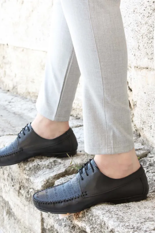 Men's Black Leather Lace-Up Loafers with Perforated Detail - Wessi sold by Wessi