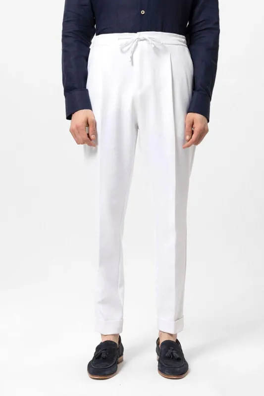 Men's White Elastic Waist Pleated Trousers - Wessi sold by Wessi