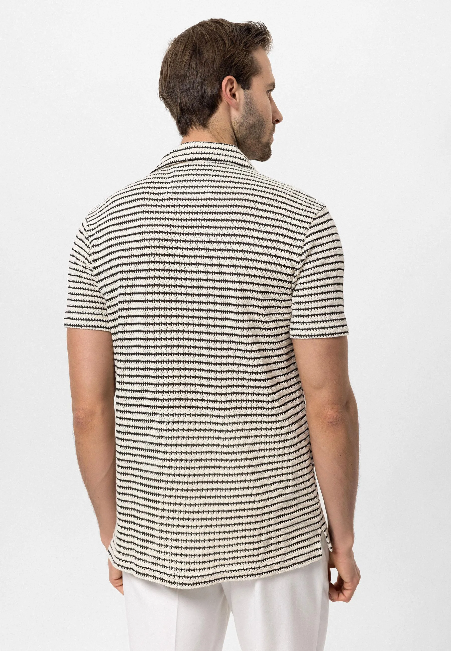 Black Knitted Striped Short Sleeve Men's Shirt - Wessi sold by Wessi product image thumbnail 3
