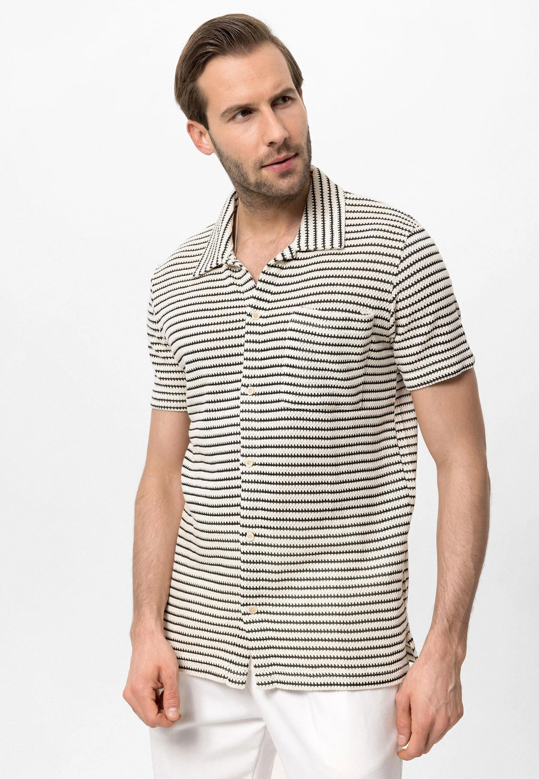 Black Knitted Striped Short Sleeve Men's Shirt - Wessi sold by Wessi product image thumbnail 2