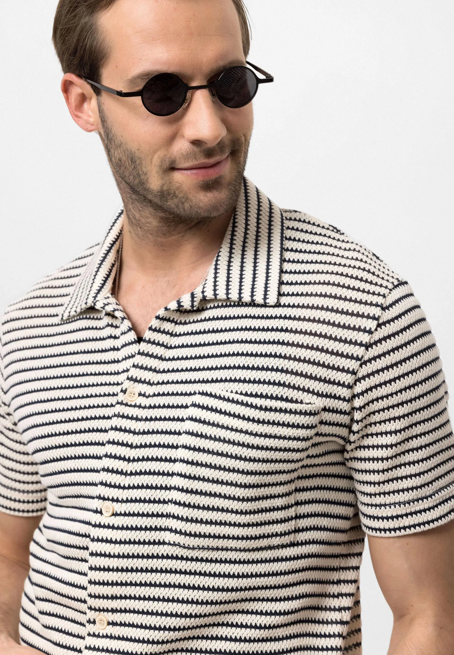 Black Knitted Striped Short Sleeve Men's Shirt - Wessi sold by Wessi product image thumbnail 5