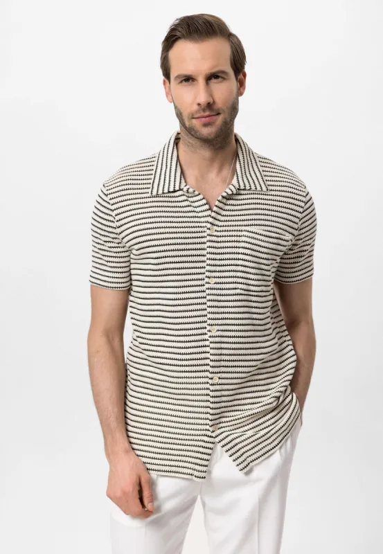 Black Knitted Striped Short Sleeve Men's Shirt - Wessi sold by Wessi