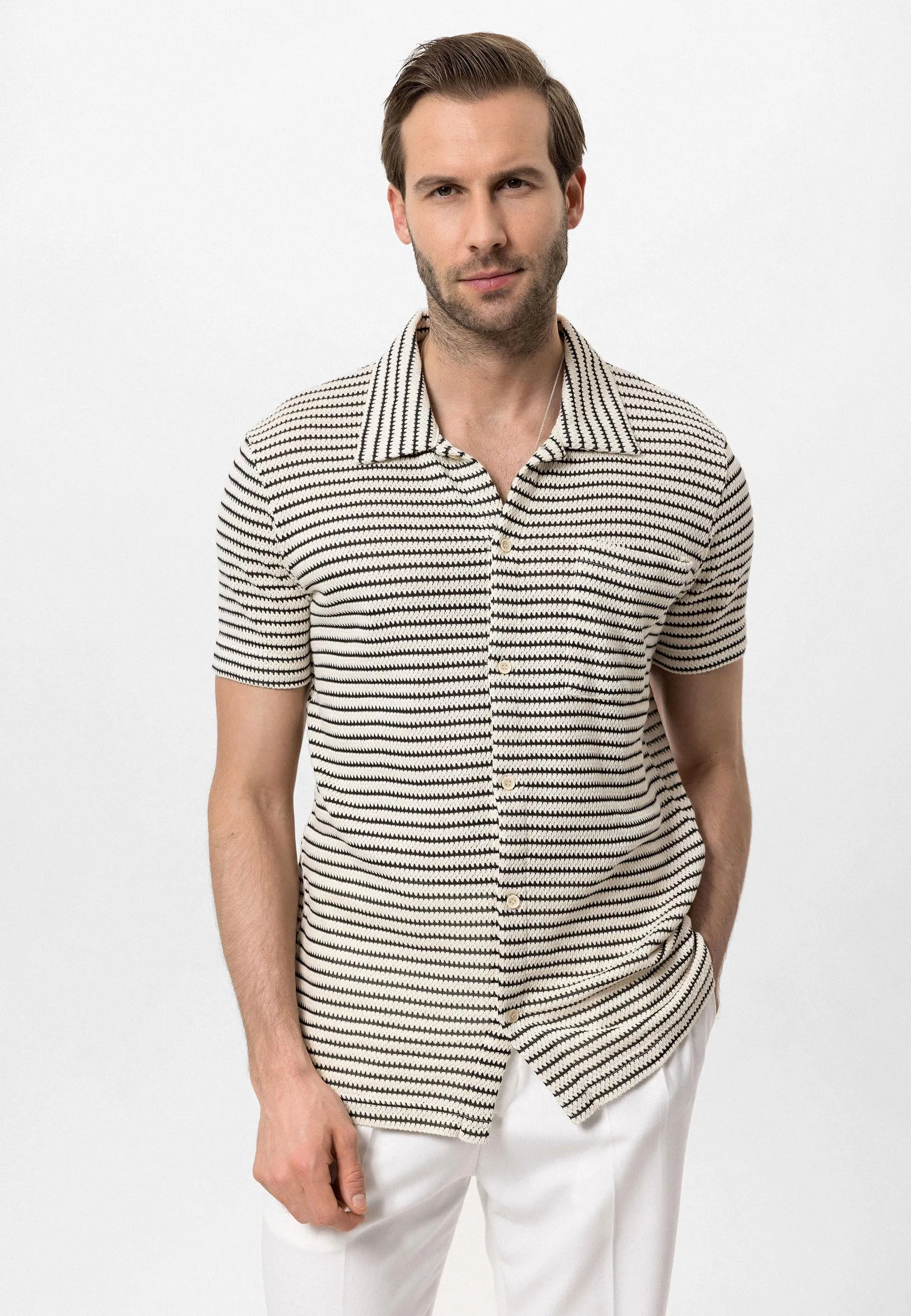 Black Knitted Striped Short Sleeve Men's Shirt - Wessi sold by Wessi