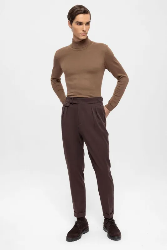 Men's Brown High Waist Pleated  Trousers - Wessi sold by Wessi
