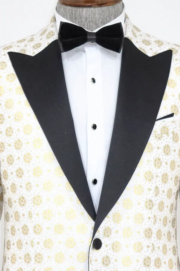 Floral Patterned Peak Lapel White Men Wedding Tuxedo Blazer - Wessi sold by Wessi product image thumbnail 2