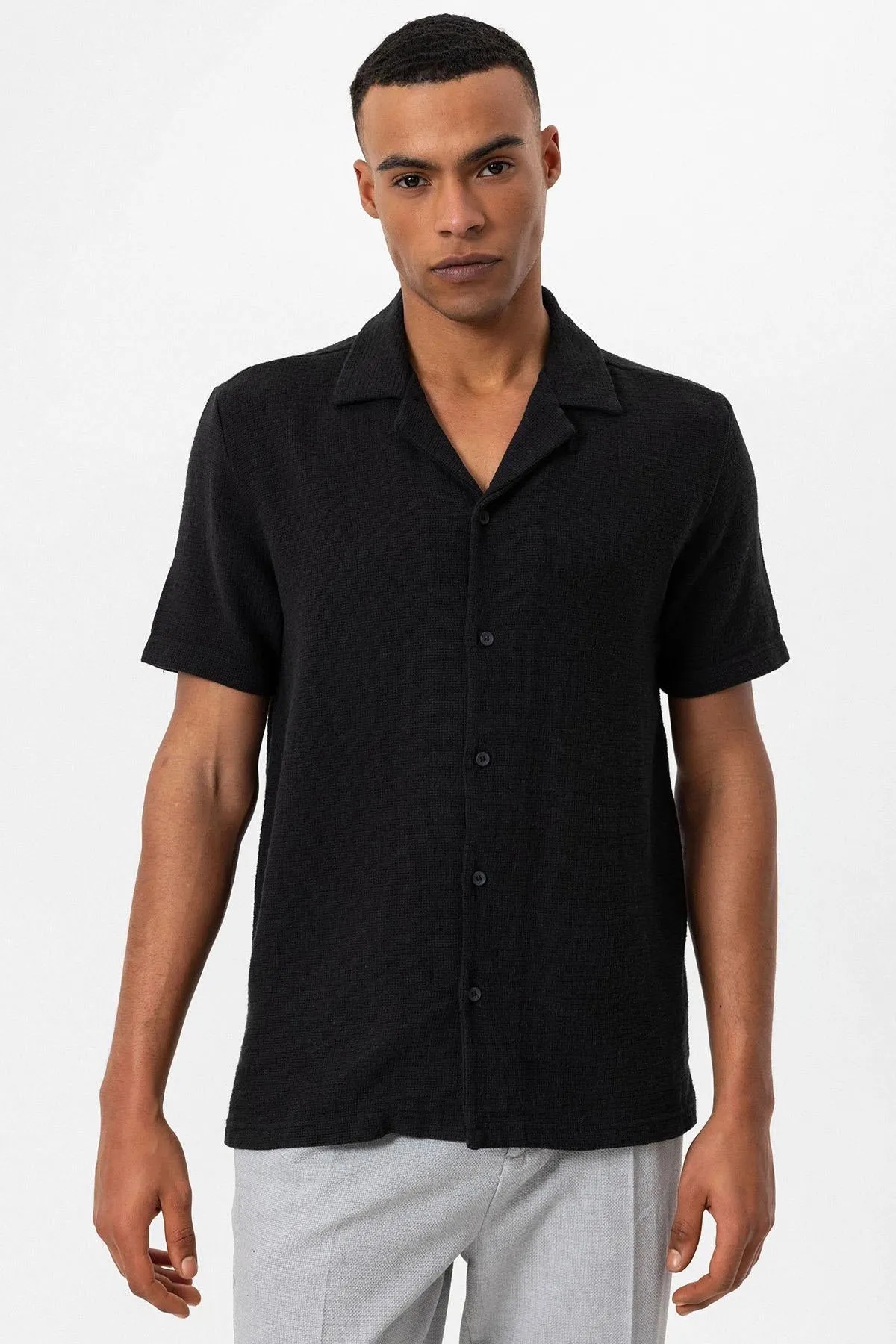 Men's Black Knit Textured Camp Collar Shirt - Wessi sold by Wessi product image thumbnail 3
