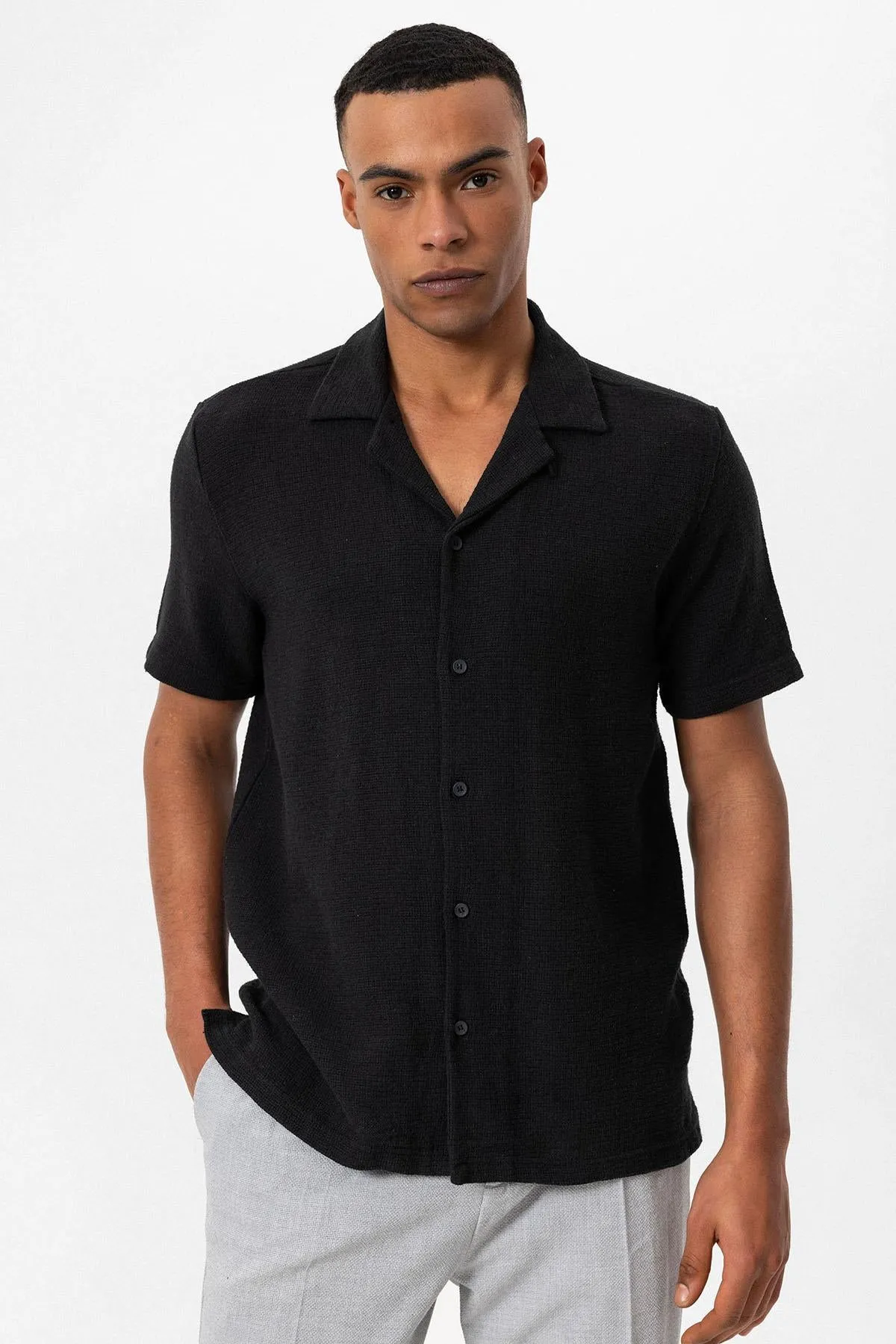 Men's Black Knit Textured Camp Collar Shirt - Wessi sold by Wessi