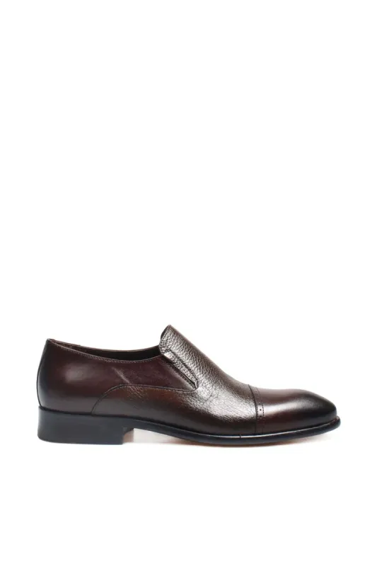 Men's Brown Leather Slip-On Loafers with Peaked Cap Toe and Textured Finish - Wessi sold by Wessi