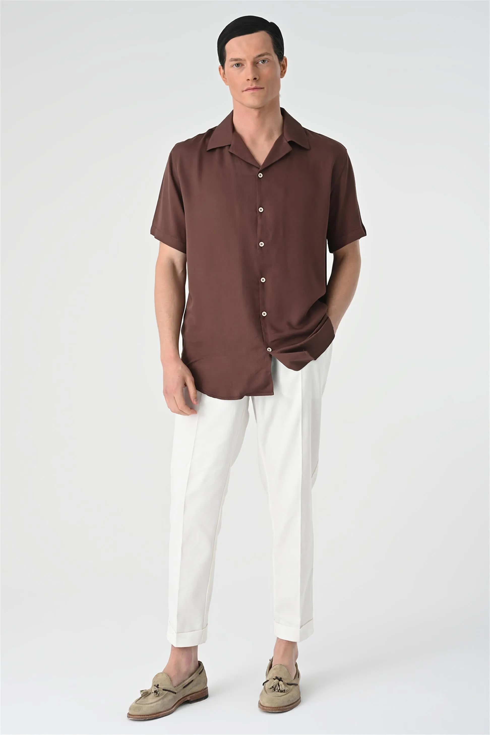 Men's Brown Open Collar Oversized Short Sleeve Shirt - Wessi sold by Wessi product image thumbnail 3