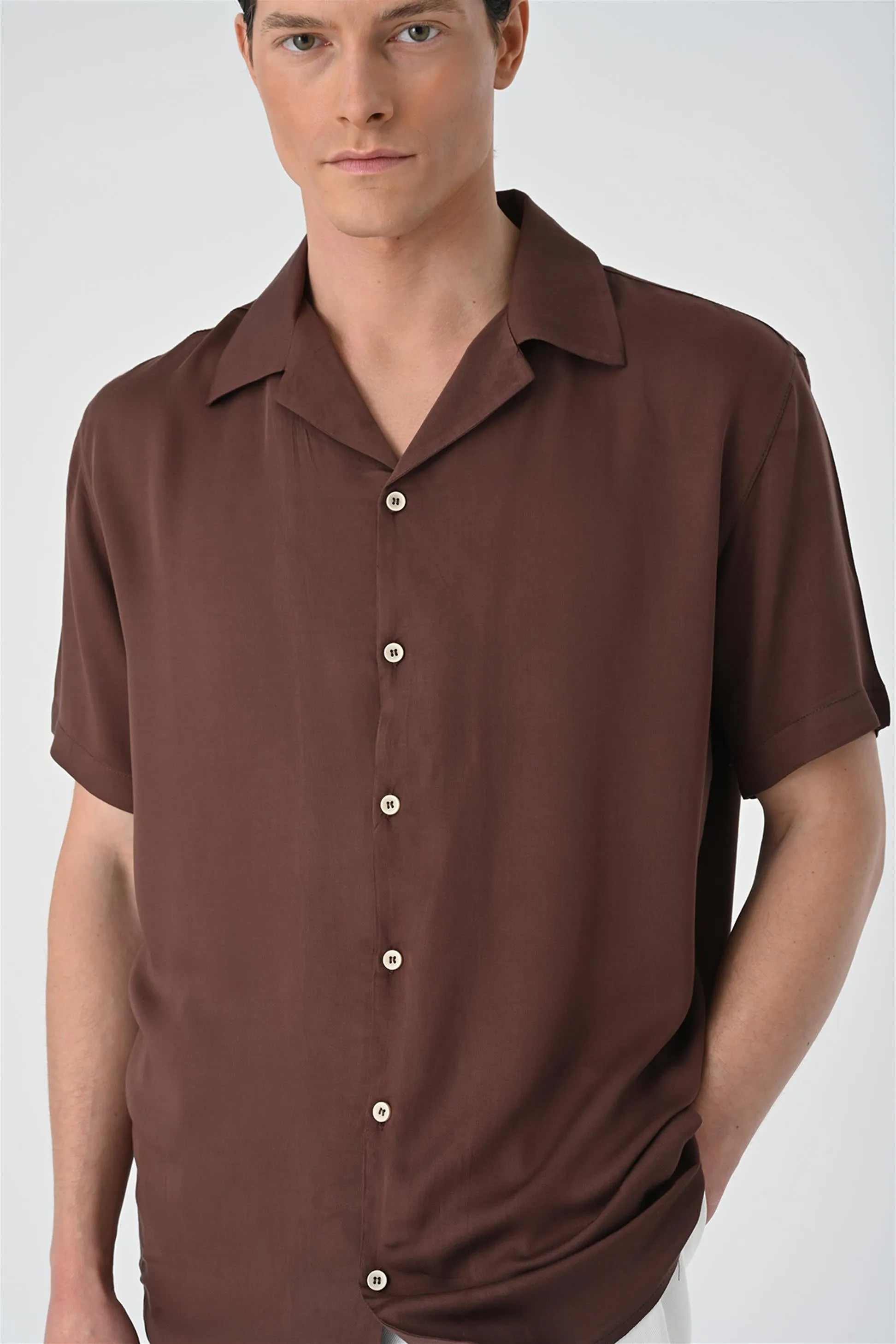 Men's Brown Open Collar Oversized Short Sleeve Shirt - Wessi sold by Wessi product image thumbnail 5