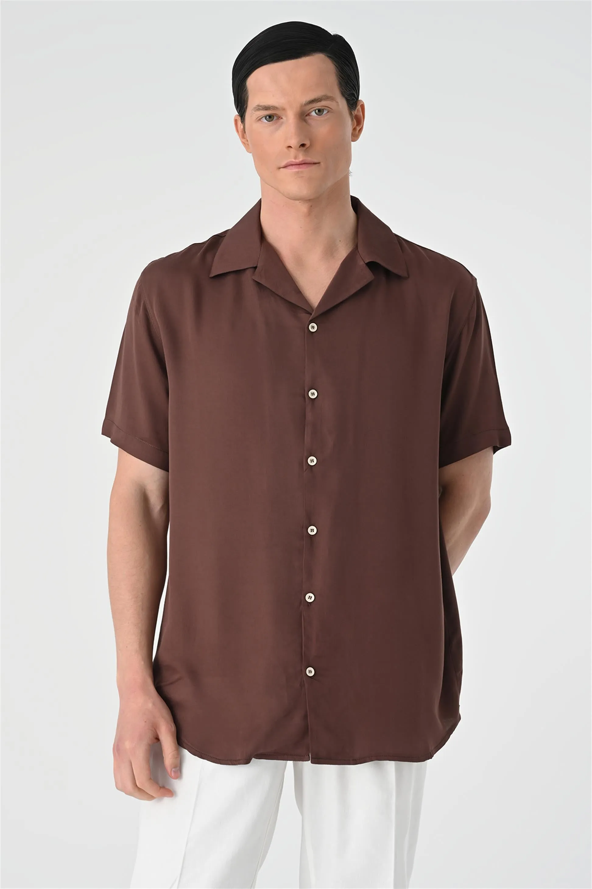 Men's Brown Open Collar Oversized Short Sleeve Shirt - Wessi sold by Wessi product image thumbnail 2