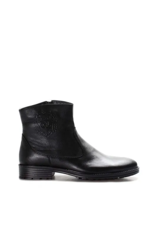 Men's Black Leather Ankle Boots with Embossed Crest Detail - Wessi sold by Wessi