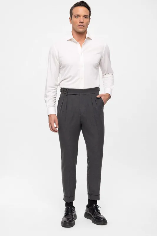 Men's Anthracite High Waist (Boyfriend) Side Buckled Belt Detail Pleated Fabric Trousers - Wessi sold by Wessi