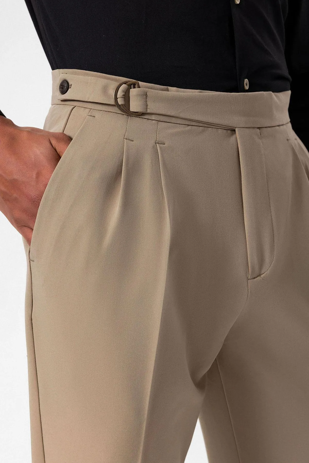 Beige High Waist Buckle Closure Pleated Men's Trousers - Wessi sold by Wessi product image thumbnail 4