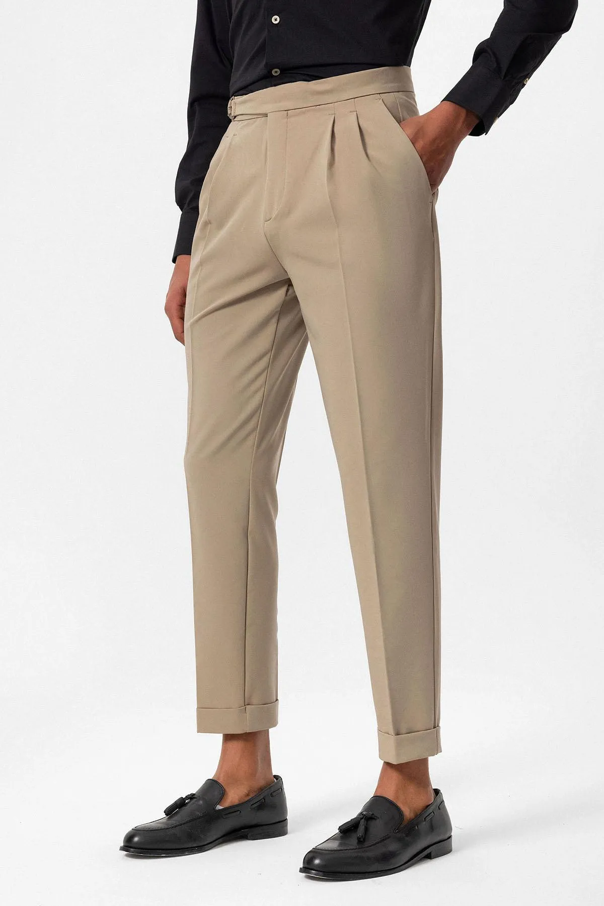 Beige High Waist Buckle Closure Pleated Men's Trousers - Wessi sold by Wessi product image thumbnail 2