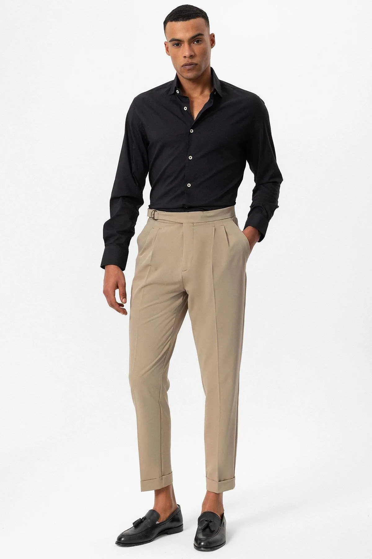 Beige High Waist Buckle Closure Pleated Men's Trousers - Wessi sold by Wessi product image thumbnail 3