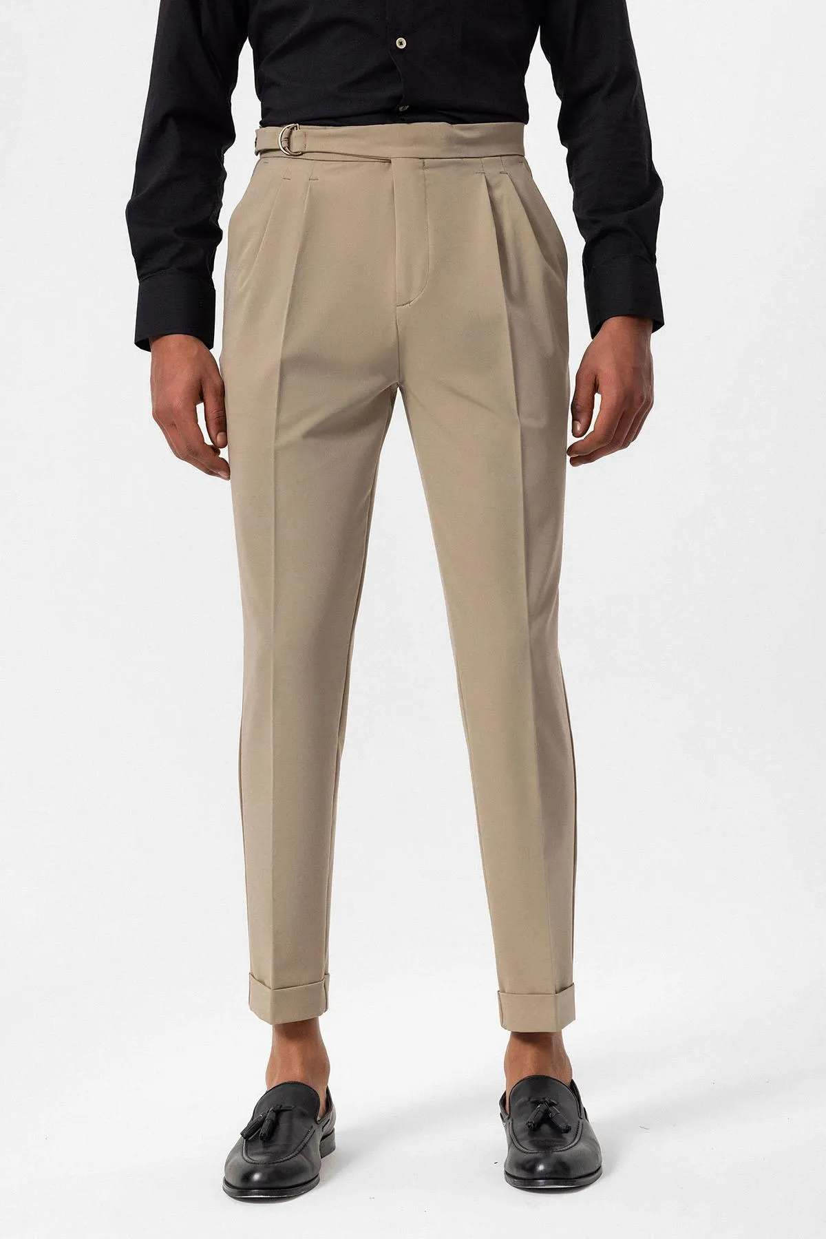 Beige High Waist Buckle Closure Pleated Men's Trousers - Wessi sold by Wessi