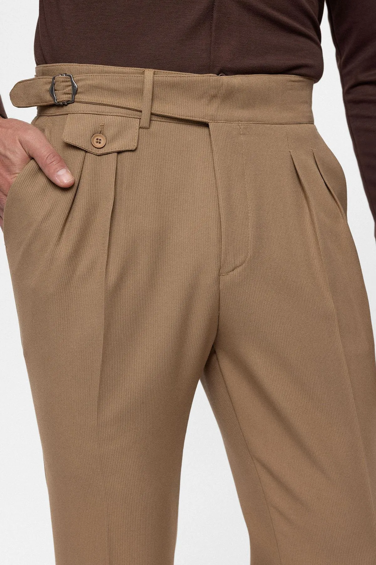 Camel High Waist (Boyfriend) Pleated Fabric Trousers With Buckle Belt - Wessi sold by Wessi product image thumbnail 5