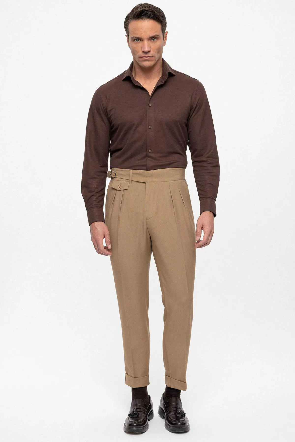 Camel High Waist (Boyfriend) Pleated Fabric Trousers With Buckle Belt - Wessi sold by Wessi