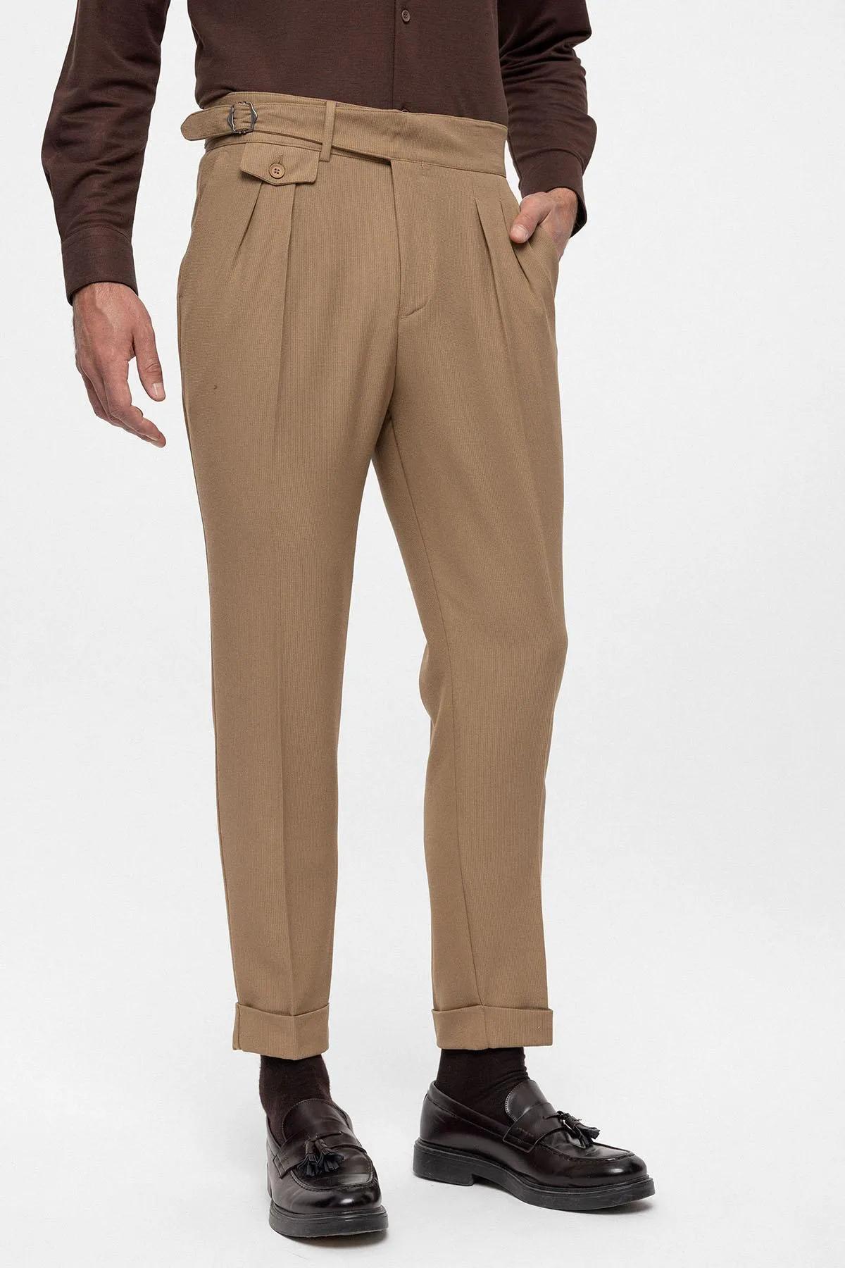 Camel High Waist (Boyfriend) Pleated Fabric Trousers With Buckle Belt - Wessi sold by Wessi product image thumbnail 4