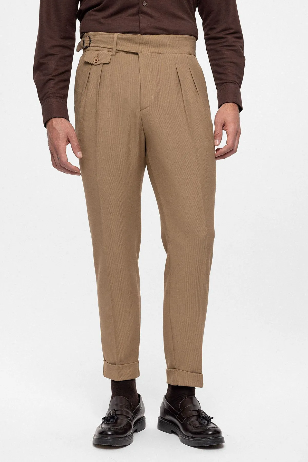 Camel High Waist (Boyfriend) Pleated Fabric Trousers With Buckle Belt - Wessi sold by Wessi product image thumbnail 3