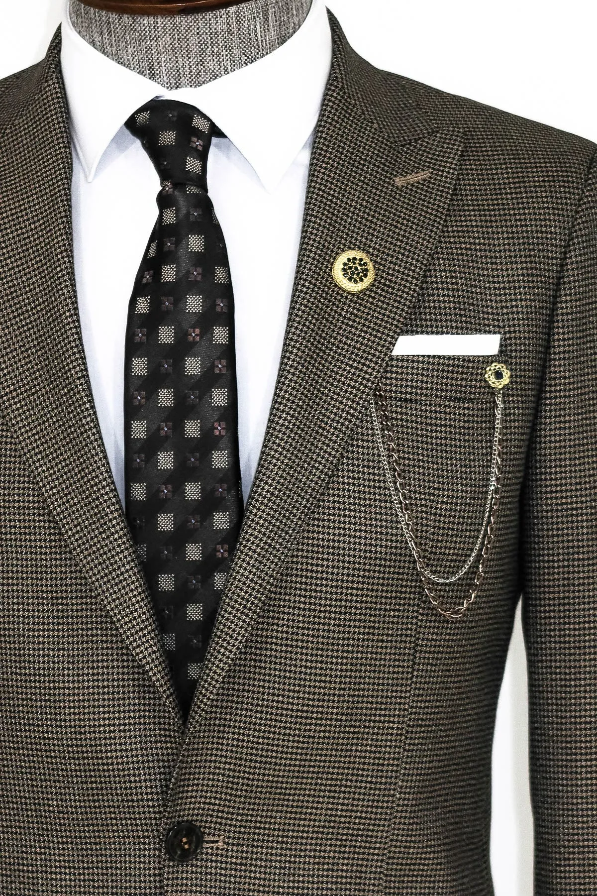 Slim Fit Houndstooth Patterned 2 Piece Brown Men Suit - Wessi sold by Wessi product image thumbnail 2